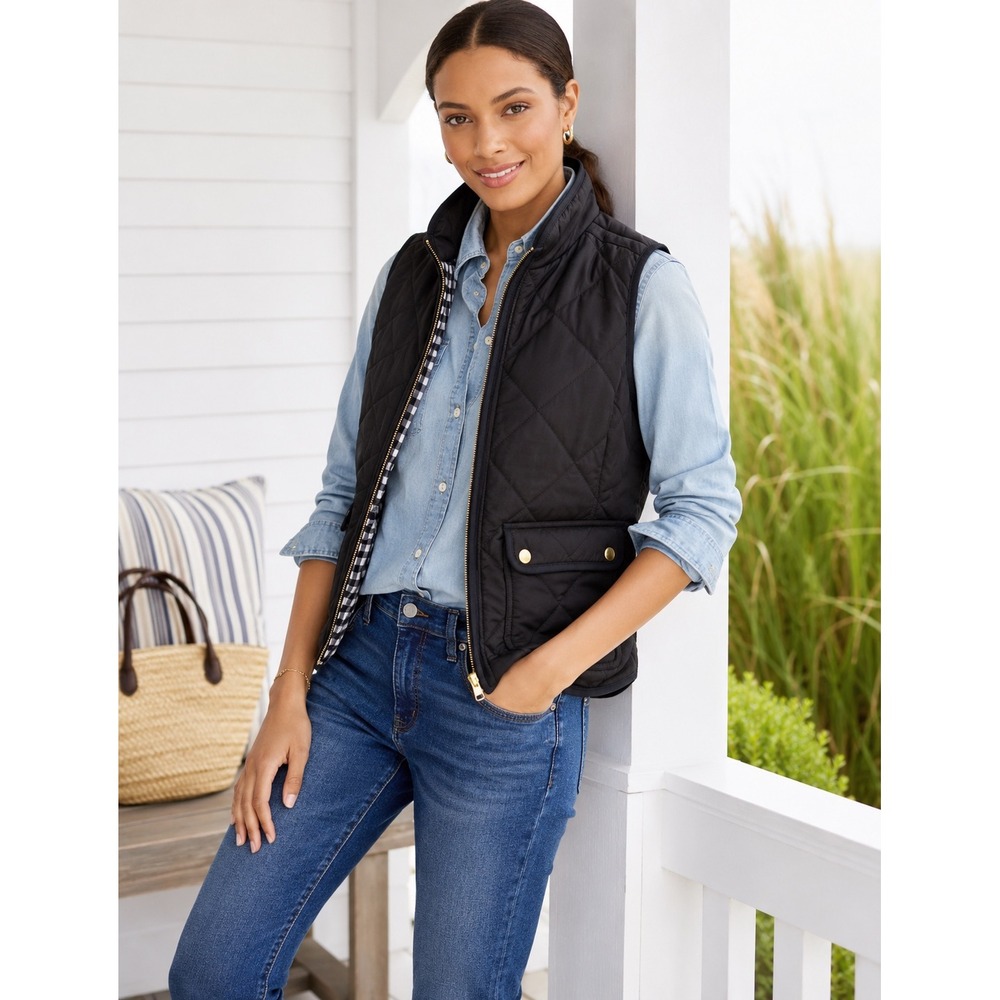 NWT J.Crew Quilted Vest Women S Black‎ Gingham Lining BJ901